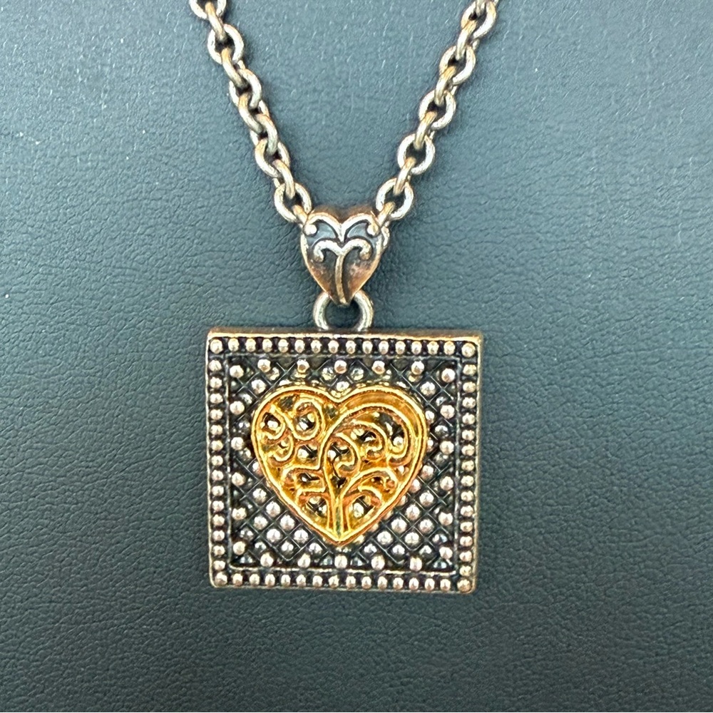Heart Pendant Necklace Intricate Detail Two Tone Silver & Gold Tone